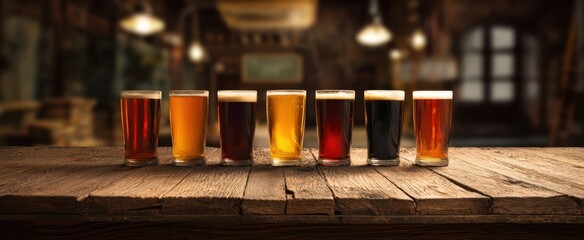 The colorful arrangement of beer glasses in a rustic pub setting.
