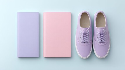 Stylish Lilac Sneakers and Notebooks on Soft Blue Background