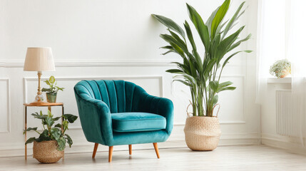 Fototapeta premium An elegant living area with a cosy chair, a houseplant, and a lamp next to a white wall. Text space