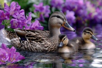 Mother duck and her ducklings swimming among flowers in a serene pond setting