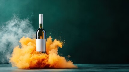 A striking image of a wine bottle emerging from vibrant orange smoke, evoking a sense of celebration, mystery, and sophistication, blending modern aesthetics with tradition.