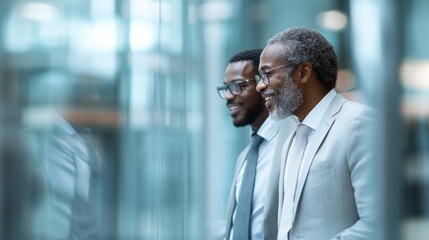An image showcasing two distinguished men engaged in conversation in a modern office setting, reflecting teamwork, mentorship, and professional development.