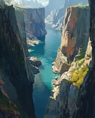 Overhead view of a serene fjord, with steep cliffs and tranquil waters