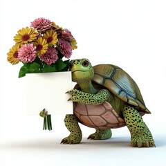 Fototapeta premium Friendly Green Turtle Holding Flowers and Blank Sign
