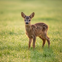 Rehkitz im Morgentau auf einer Wiese