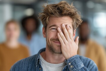 Freckled Man Smiles Shyly, Hand Over Eye, Denim Shirt, Blurred Coworkers Background
