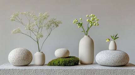 Composition of various vases, flowers and moss arranged on stone textured surface