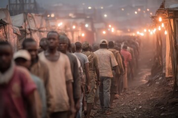 Obraz premium Large Group of Dark Skinned People Walks Through Impoverished Shack City at Dusk
