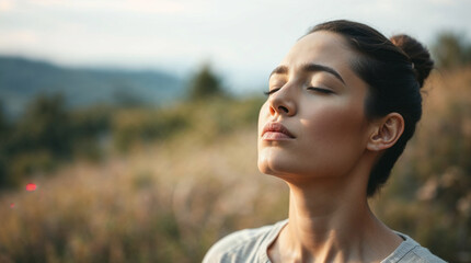 close up of a woman with closed eyes and calm face, enjoying the natural environment and sunlight outdoors