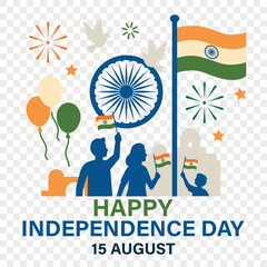 Colorful flat illustration of Indian family celebrating Independence Day on August 15 with flags, balloons, fireworks. Ideal for posters, banners, education, patriotic content. Transparent background