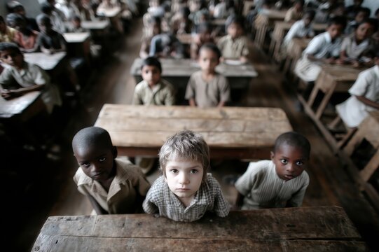 Children In Overcrowded Classroom Facing Camera With Serious Expressions