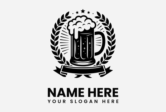 A black and white beer mug logo with a foamy head, laurel wreath, and banner.
