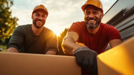 The image features two cheerful workers in safety gear smiling while handling boxes at sunset, reflecting collaboration and camaraderie in a productive work environment.