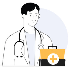 Smiling Asian male doctor with stethoscope beside yellow medical bag looks forward
