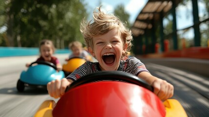 A group of exuberant kids races in colorful go-karts, their faces lit up with joy and excitement, capturing the spirit of youthful adventure and friendly competition on the track.