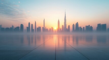 Obraz premium Sunrise over a modern city skyline, shrouded in mist. A tranquil, empty urban plaza