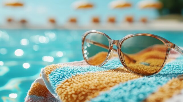 A pair of chic sunglasses rests on a vibrant towel, symbolizing summer relaxation by the poolside and highlighting the joy of sun-soaked leisure moments at the beach.