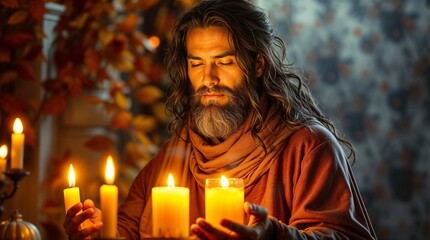 Spiritual man with long hair and beard praying. Male having meditation with candles