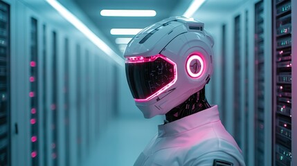 A sleek, futuristic robot with a glowing helmet stands in a high-tech data center, emphasizing the intersection of technology and innovation in a digital landscape of the future.