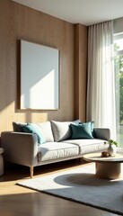 Bright airy living room, grey couch, wooden accents, simple, interior design, wooden table