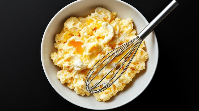 An appetizing image showing fluffy whipped eggs in a bowl with a whisk, highlighting culinary creativity and the joyful act of cooking delicious food.