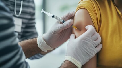 Medical professional administering vaccine injection into patient's arm, wearing protective gloves during immunization process for public health prevention