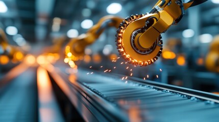 An industrial robotic arm is seen welding at a factory production line, showcasing the advanced technology and innovation driving modern manufacturing towards efficiency.