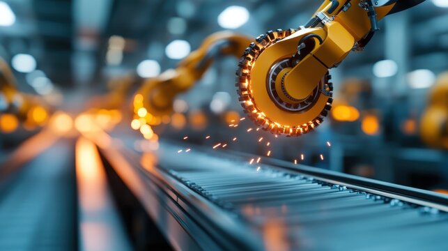 An industrial robotic arm is seen welding at a factory production line, showcasing the advanced technology and innovation driving modern manufacturing towards efficiency.