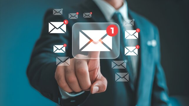 Businessman interacts with virtual mail icons, symbolizing digital communication and virtual business addresses.