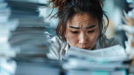 A woman looks intently at a stack of paperwork, emphasizing the burden and stress of paperwork in a busy office environment as she tries to make sense of the chaos.
