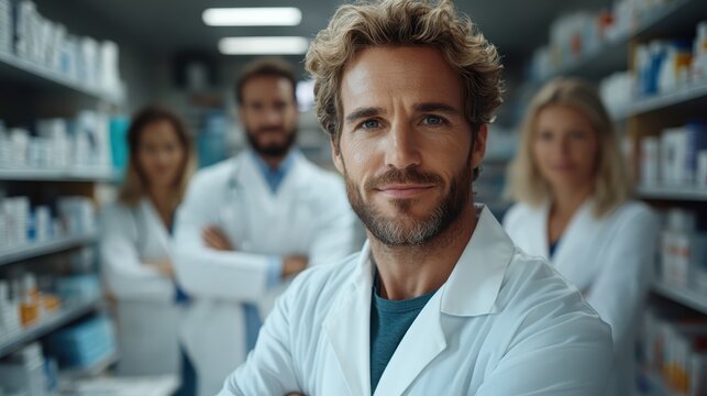 A group of dedicated pharmacy professionals smiling confidently in a well-stocked pharmacy, showcasing expertise and commitment to health and wellness.