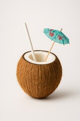 Exotic Tropical Coconut Beverage with Colorful Umbrella