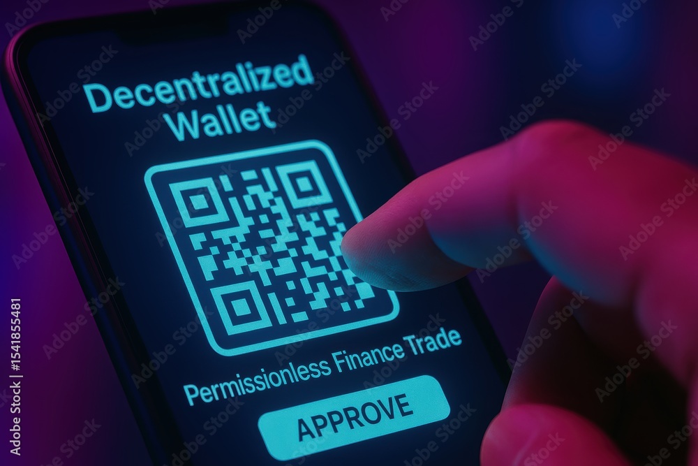Poster modern hand interacting with decentralized wallet qr code on smartphone in neon light environment