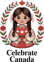 Cute Canadian girl with braids in folkloric outfit surrounded by maple branches and celebrate Canada text  