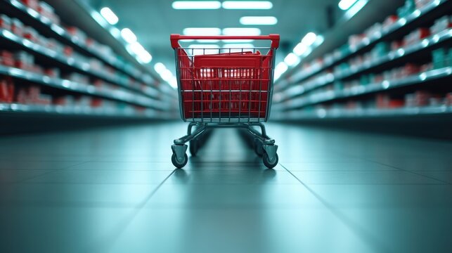 An empty shopping cart positioned in a vibrant supermarket aisle, visually representing the experience of shopping and the choices available to consumers in a modern retail space.