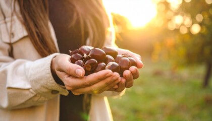 農場で栗を山盛りに持っている両手の平