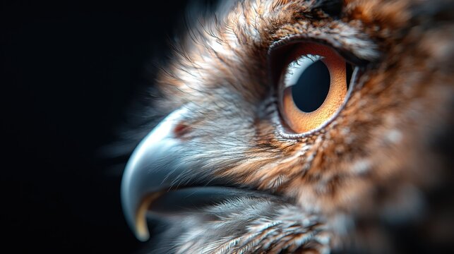 An intricate close-up image of an owl's eye, showcasing its intense gaze and intricate feather details, embodying the wisdom and beauty of nature.