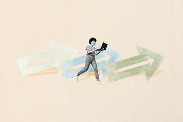 3d vertical image artwork collage of happy businesswoman run arrow hold laptop development career...