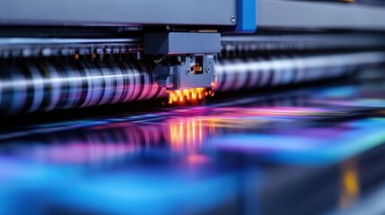A close-up of a high-tech printer producing vibrant, colorful prints, showcasing advanced technology and the contemporary world of digital printing and creativity.