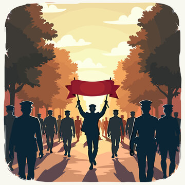 Soldiers march with a banner in an autumn park at sunset
