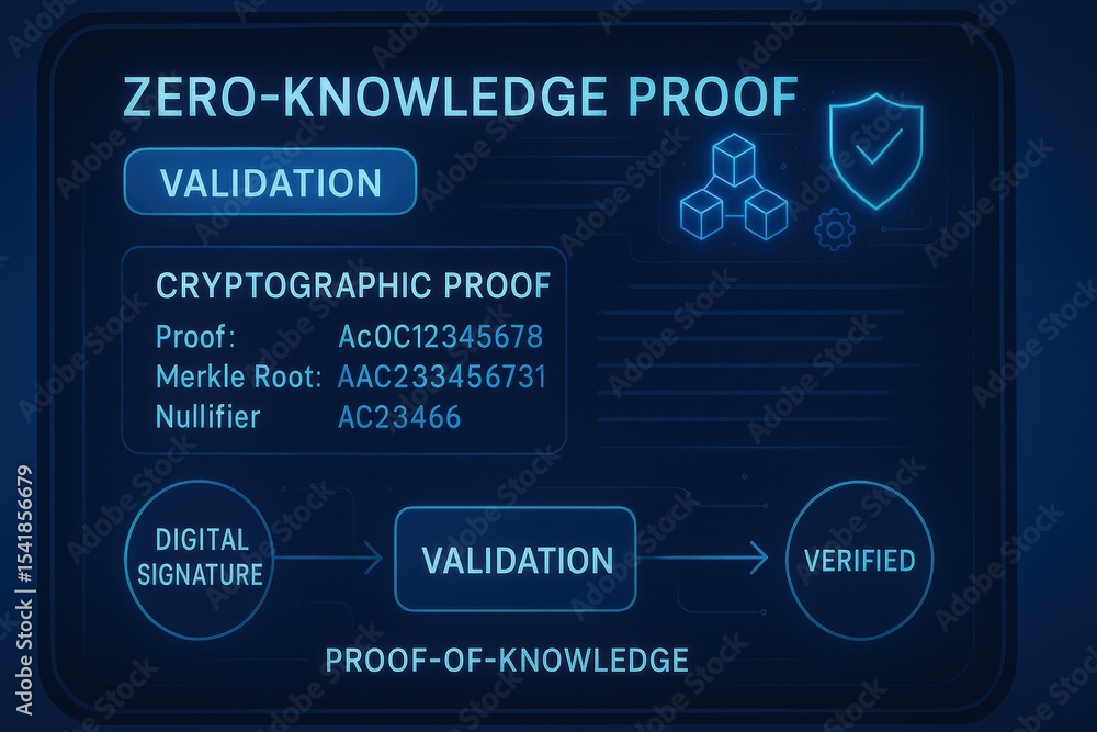 Poster digital representation of zero-knowledge proof with cryptographic validation elements