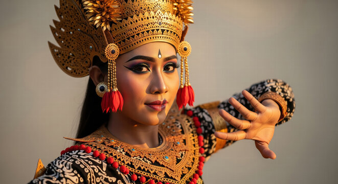 Balinese Pendet dancer performing on stage, traditional cultural art