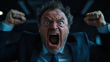 A furious businessman with unkempt hair and intense expression shows extreme emotions as he yells, symbolizing workplace stress, frustration, and human resilience.