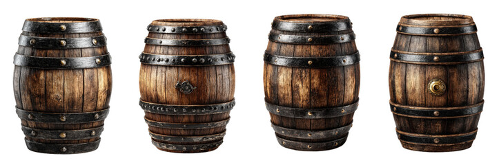 Obraz premium Various Wooden Barrels with Metal Bands for Authentic Storage