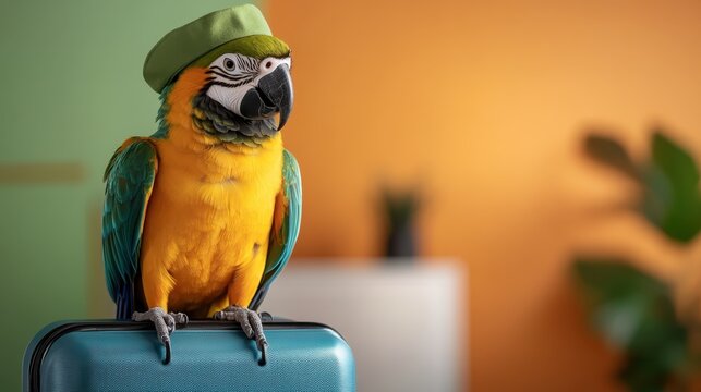A vibrant parrot wearing a playful hat, perched on a suitcase, exuding a fun vibe of travel and adventure in a colorful, artistic environment.