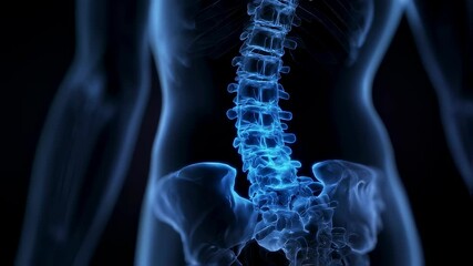 Six x rays of a female lower spine showing different levels of pain, from a slight orange glow to a more intense and widespread reddish orange glow, highlighting the affected area