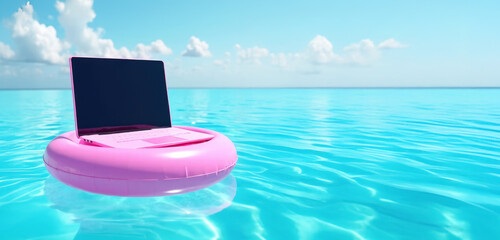 Laptop on inflatable lap floating in clear sea water with glare of sunlight. Concept of vacation, office weekend, do not disturb, always on call, space for text