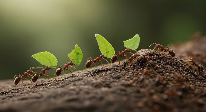 a colony of red ants carrying the leaf