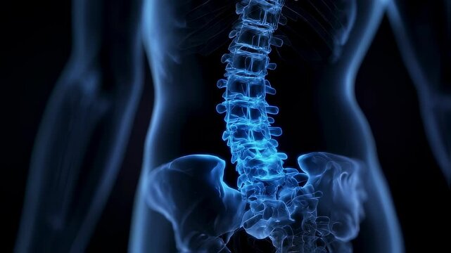 Six x rays of a female lower spine showing different levels of pain, from a slight orange glow to a more intense and widespread reddish orange glow, highlighting the affected area