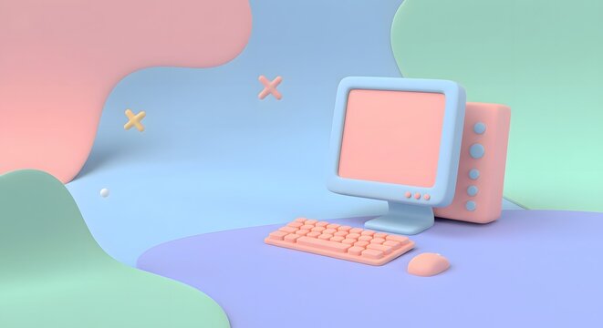 Cute pastel blue and pink retro computer with keyboard and mouse in abstract colorful 3D environment